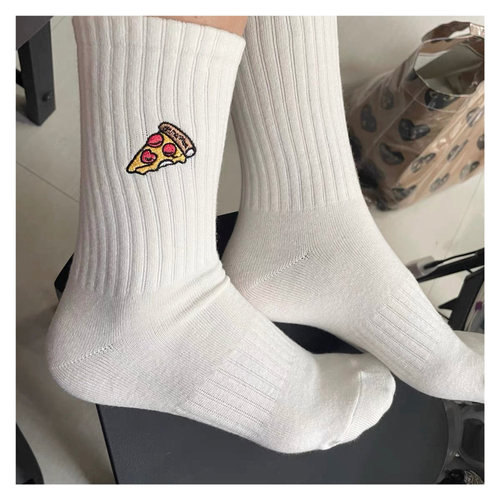 ins Japanese version of trendy brand cartoon pizza burger embroidered socks retro outer wear for men and women sports mid-tube pure cotton socks