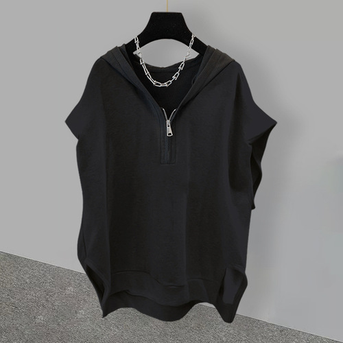 Extra Large Code 300 Pounds Solid Color Zipper Hooded Sleeveless Sweatshirt for Women Autumn Ins Korean Version Loose Backless Top Summer 200