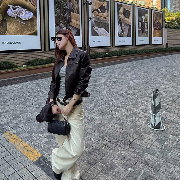 SUN11 酷飒风美式短款皮衣外套女早秋修身PU复古机车夹克上衣|undefined