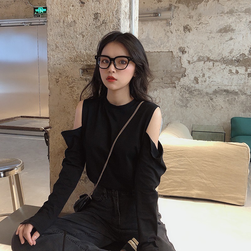 Camiseta de Moda para Mujer 2025, Estilo Influencer, Ajustada, con Hombros Descubiertos, Manga Larga, Estilo Chic