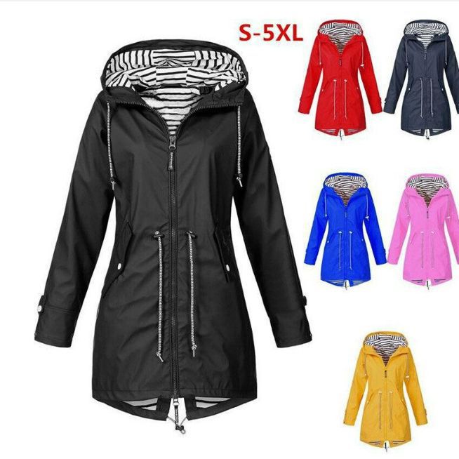 European and American Women's plus size Jacket Amazon Striped Jacket Zipper Hooded Coat Outdoor Clothing Rain-proof Foreign Trade