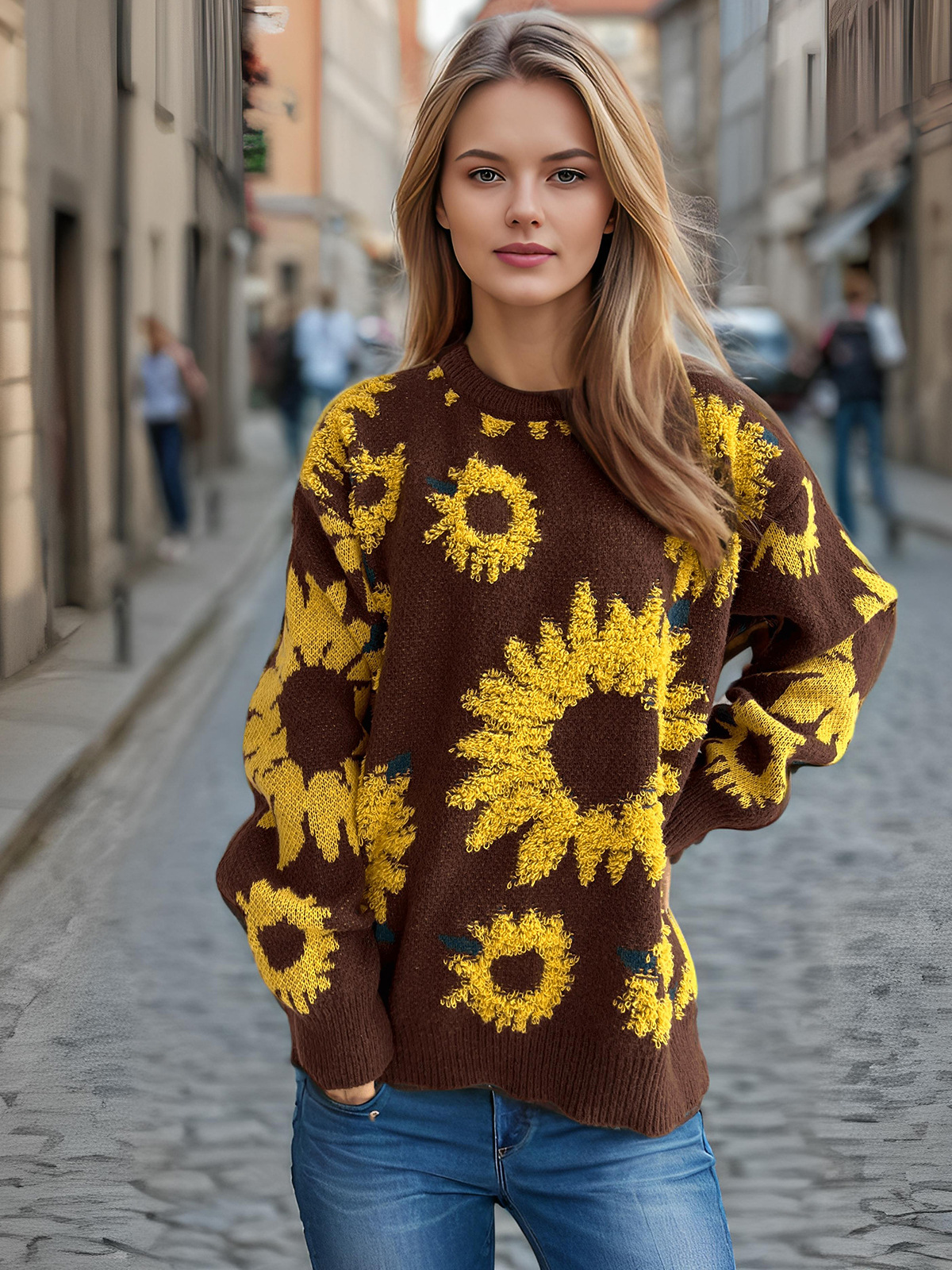 Women's Sunflower Jacquard Knitted Pullover Sweater For Winter_voghion.com