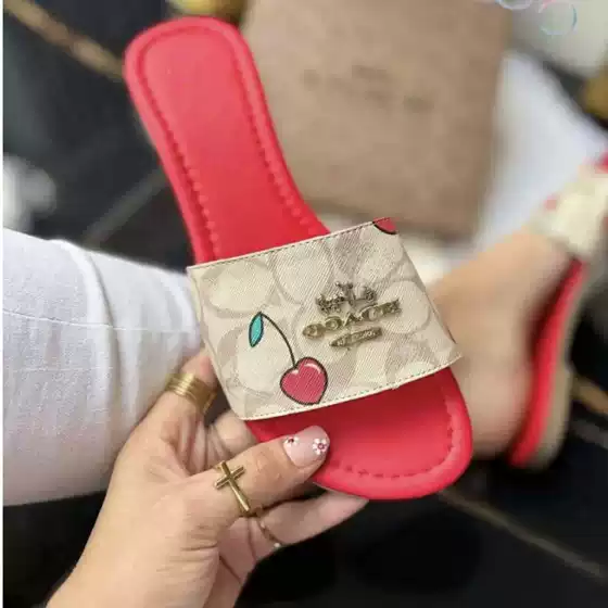 Women's Cherry Print Flat Slide Sandals 2025 Summer Cute Pink Flip Flops Vietnam Cambodia Nigeria Style