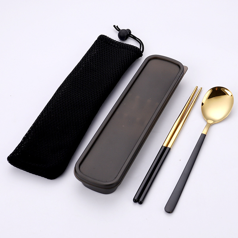 블랙 골드 스푼 젓가락 2 종 세트 (메쉬 백 포함)