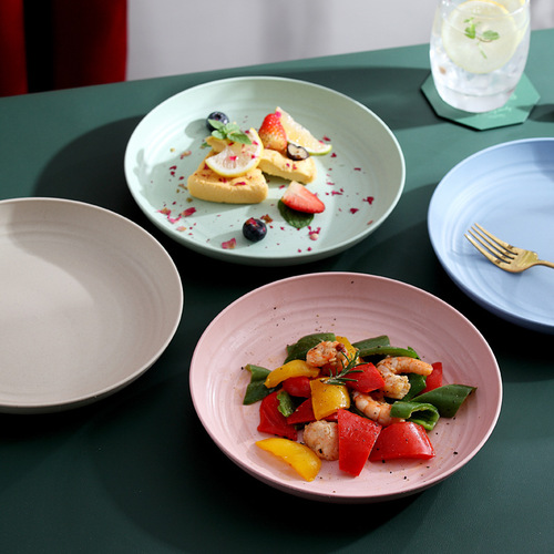 Wheat straw 20CM plate large vegetable plate household plastic plate Nordic style round cake fruit plate anti-fall