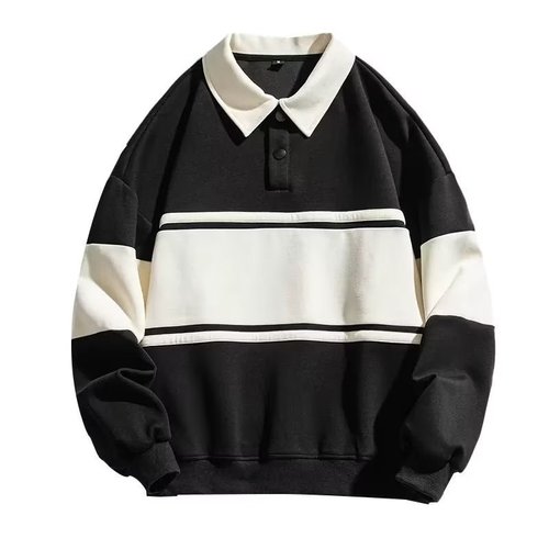 Men's Striped Sweatshirt Spring Hong Kong Style Collar Loose Long Sleeve Cotton Couple's Top POLO Shirt