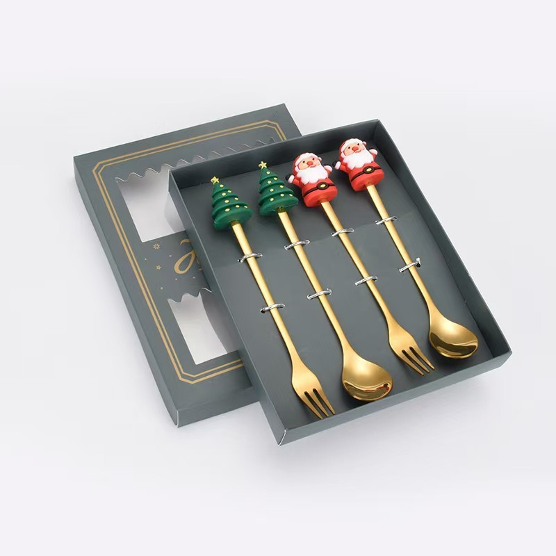 Cucharas de acero inoxidable transfronterizas muñecas de Papá Noel cubiertos cajas de regalo caseras de café mezclador cucharas de postre horquilla de frutas