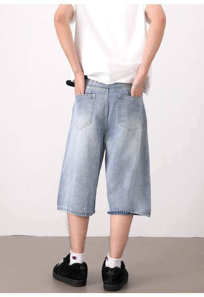 Quần jean nam ống suông rộng lửng giặt mài phong cách retro — Denim đen, Xanh nhạt, Xanh đậm chi tiết 11