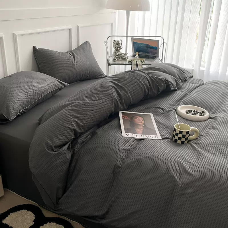华夫格单人被套单件亲肤棉被罩床单三件套冬天被单磨毛床单四件套