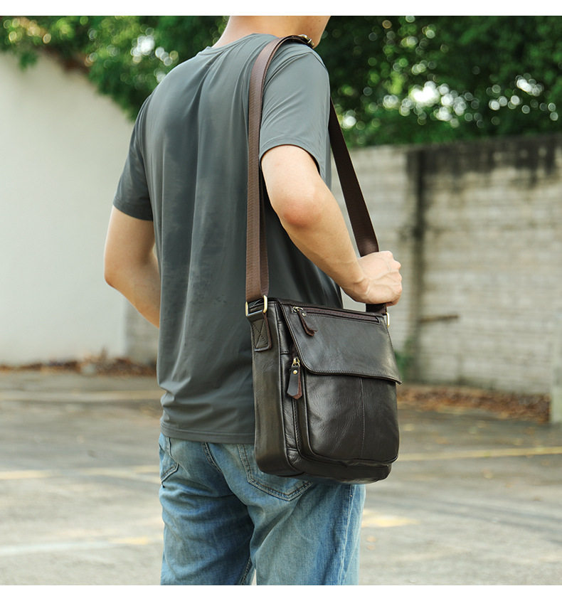 Túi đeo chéo nam da bò thật 24×8×27 cm nắp gập — Xanh quân đội, nâu, Màu đen, Cà phê chi tiết 16
