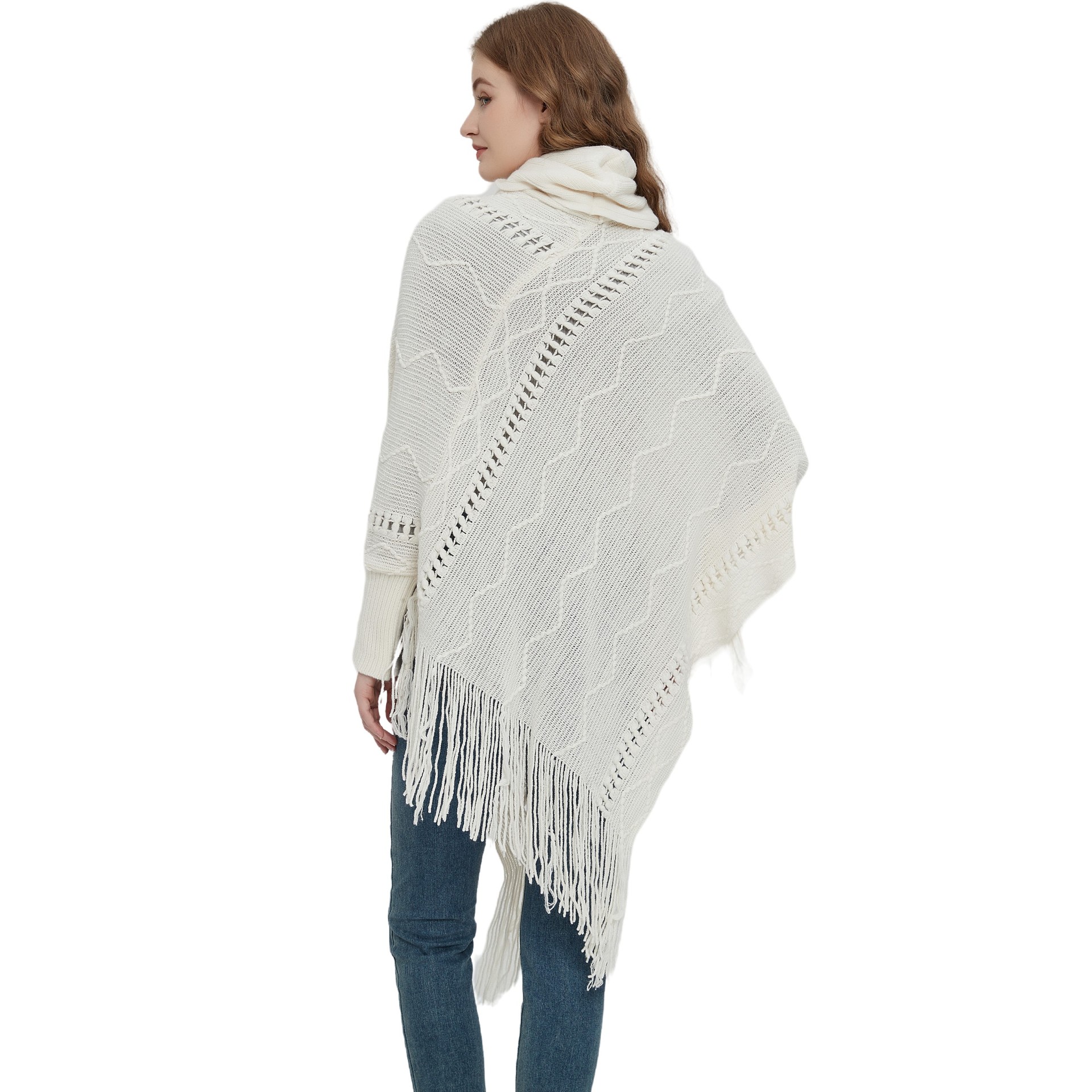 Unisex Coat beige white hollow collar long sleeves tassel cape cape_viptrois.com