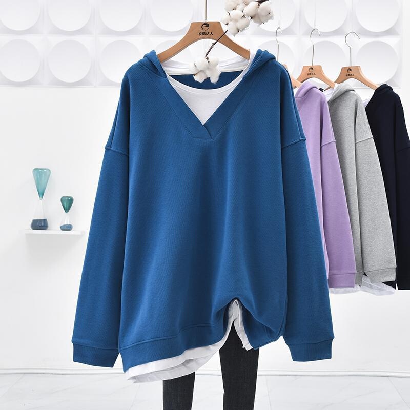 Spring and Autumn Plus Size 150kg Large Size V-Neck Faux Two-Piece Tummy-Covering Mid-Length Hooded Sweatshirt Loose Versatile Women's Top Spring and Autumn Plus Size 150kg Large Size V-Neck Faux Two-Piece Tummy-Covering Mid-Length Hooded Sweatshirt Loose Versatile Women's Top