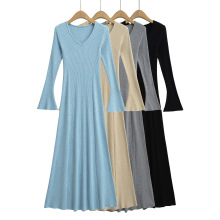 YPFF潮流女装垂感慵懒纯欲风V领喇叭袖大裙摆 性感收腰辣妹连衣裙