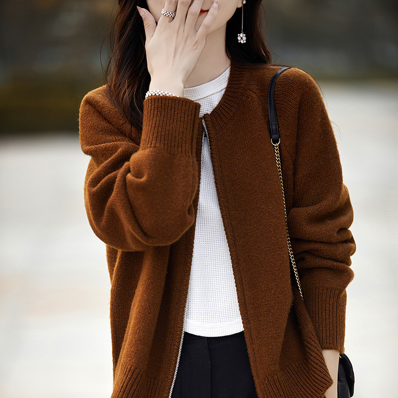 Early Spring New 100 Pure Wool Cardigan Women's Korean-style Loose Thickened Sweater Jacket Elegant Zipper Knitted Top