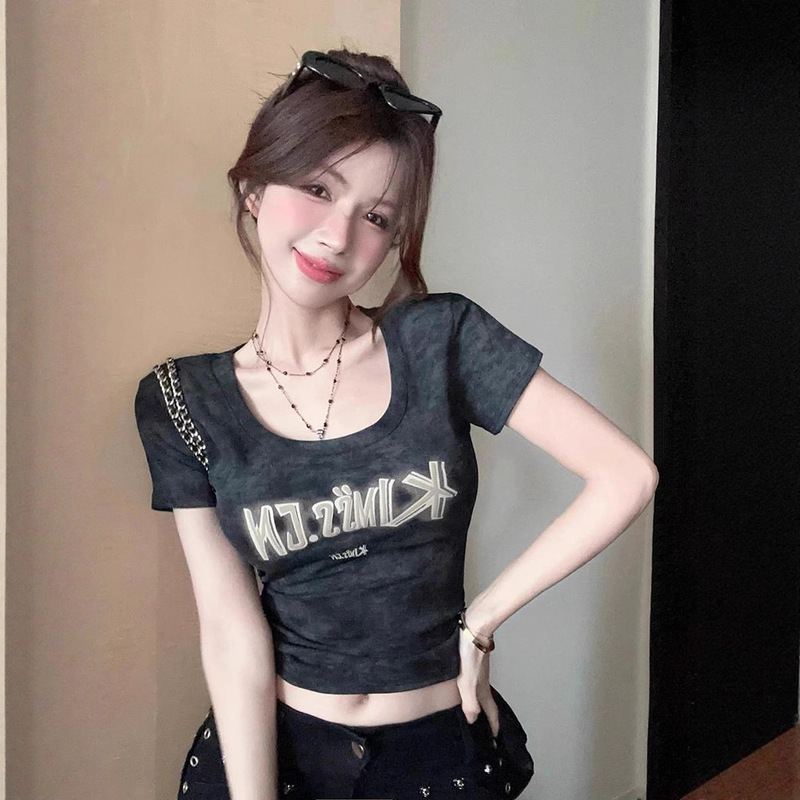 Fashion Versatile Casual Short-Sleeve T-Shirt for Women, Summer European Style New Letter Print Base Shirt, Short Slim-Fit Top