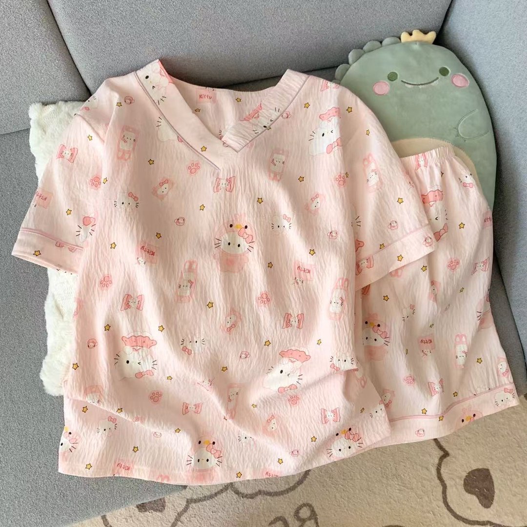 Al por mayor transfronterizo nuevo pijama dulce de verano nubes de algodón impresión de dibujos animados de cuello V hoodie set de ropa para el hogar