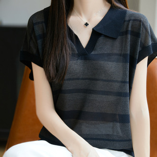 Cross-Border New Summer Color-Blocked Polo Collar Tencel Short-Sleeved T-Shirt Women's Casual Fashion Lyocell Knitted Top