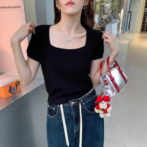 New summer thin short sleeve knit shirt women's short square neck T-shirt thin base shirt