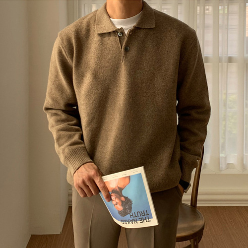 Fall Polo Collar Solid Color Men's Versatile Casual Korean Style Loose Hoodless Knit Sweater Hong Kong Style Line Top
