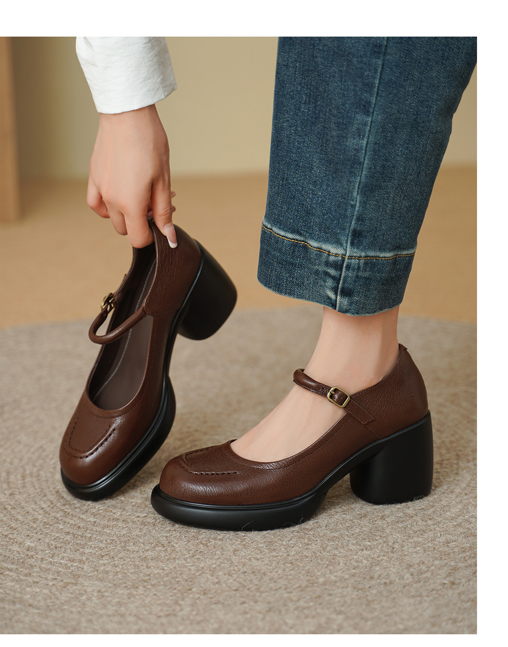 Giày Mary Jane nữ đế dày gót thô 8 cm, da dê mềm, quai ngang khóa — màu nâu chi tiết 4