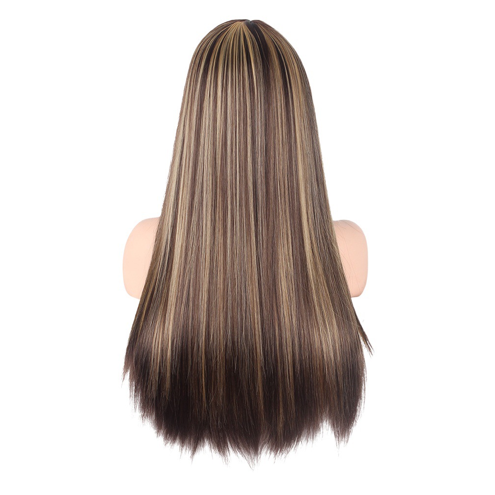 Nueva peluca transfronteriza europea y americana gradiente de oro marrón de las mujeres pelo largo y recto rosa peluca neta conjunto entrega de una sola pieza