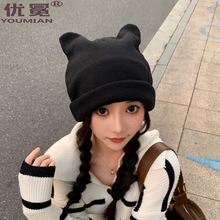 帽子女秋冬新款带耳朵的针织毛线帽可爱猫咪包头帽户外保暖冷帽潮