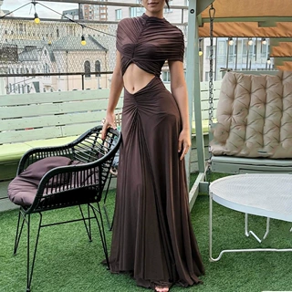 2026欧美跨境外贸女装长裙亚马逊气质优雅圆领网纱缩褶露脐连衣裙