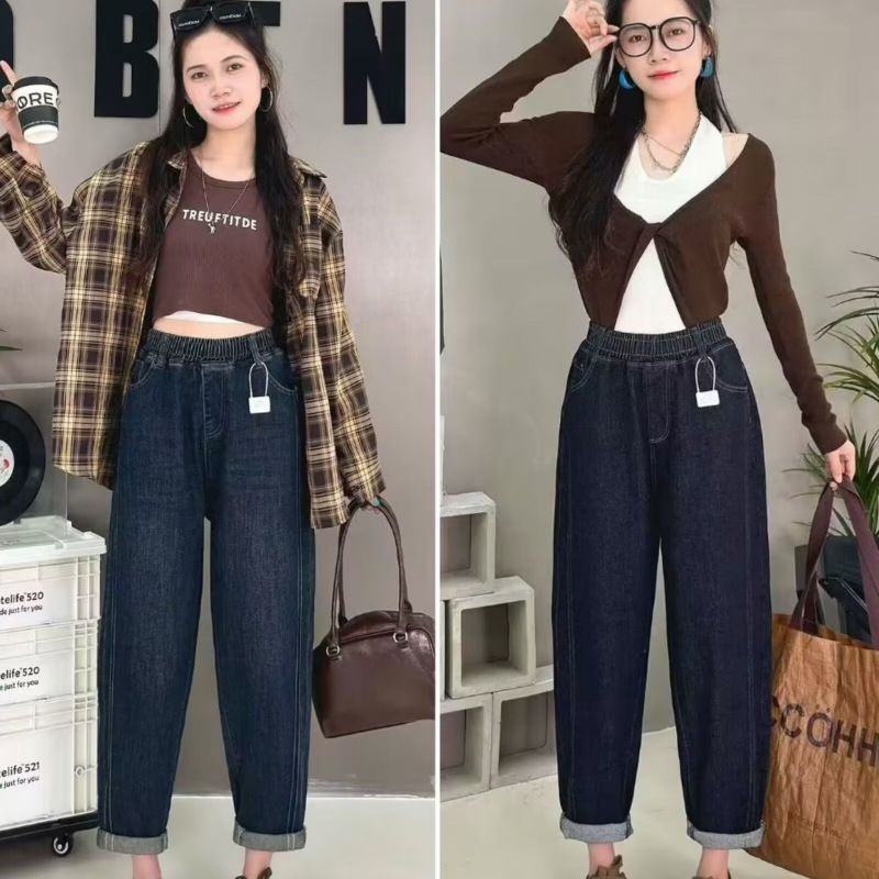 大码女装韩版双条卷边复古牛仔哈伦裤显瘦松紧腰舒适老爹裤N26611