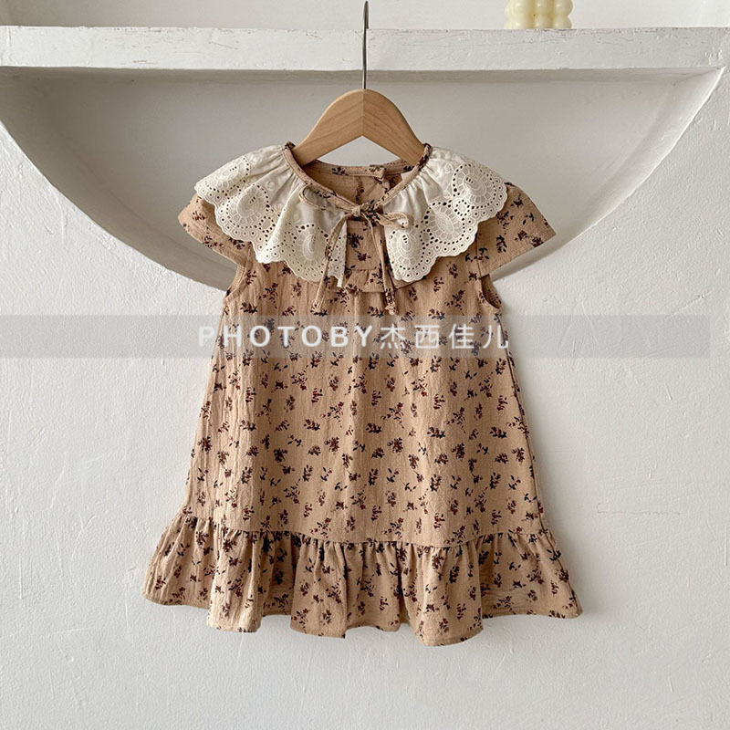Ins falda de muñeca de verano coreana niña bebé lazo manga abullonada vestido de princesa vestido de cuello cuadrado floral