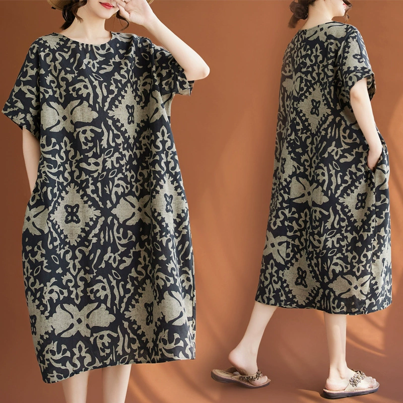 2025 Летнее платье большого размера женская толстая MM хлопок и лен ретро-художественное белое народное повседневное платье 9241 #