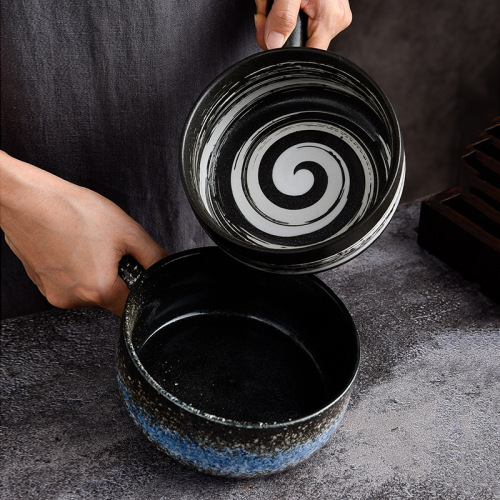 Cross-border Japanese and Korean style handle bowl tableware with lid ceramic bowl baked rice bowl instant noodle bowl handle bowl household baking bowl wholesale