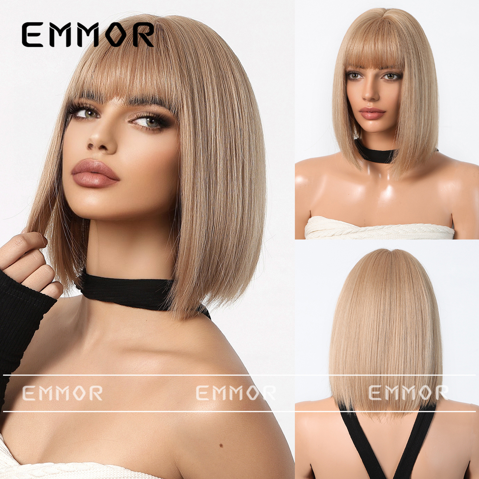 Estilo europeo y americano nuevo estilo champán marrón pelo corto y liso moda reducción de edad cabeza de bobo peluca natural sin costuras cubierta completa