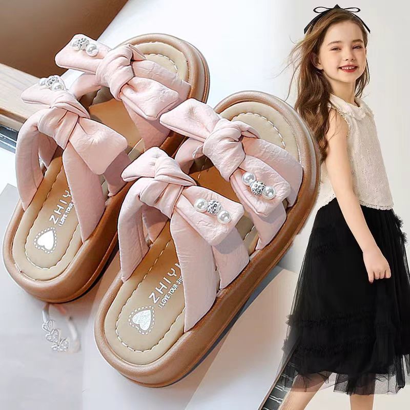 Girls' Summer Sandals, New Open-Toe Fashionable Slippers, Candy-Colored Bow-Knot Outer Beach Shoes, Kidsren's Slippers