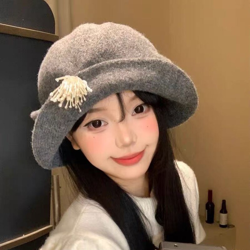 批发翻边毛呢渔夫帽女秋冬韩版显脸小百搭水桶帽法式大头围礼帽子|undefined
