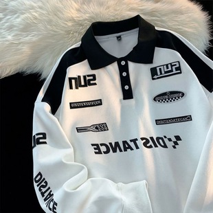 2024 Spring and Autumn New Polo Shirt Korean Retro Sweatshirt Men's Trendy Brand Long Sleeve Lapel Racing Suit Cross-border Top