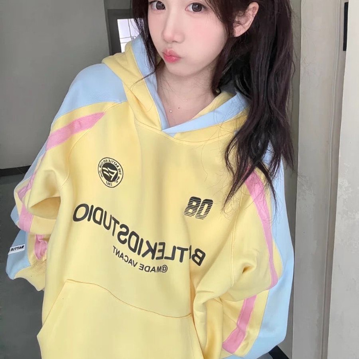 学院风韩版加绒加厚连帽卫衣女秋冬2025新款宽松撞色拼接情侣帽衫|undefined