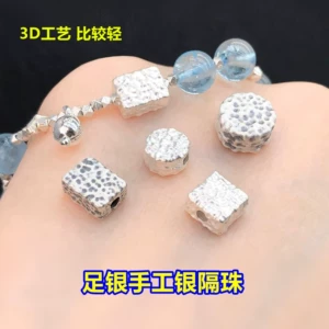 s999 pure silver handmade hammered square spacer beads, barrel beads, crystal accessories for DIY woven bracelets and necklaces