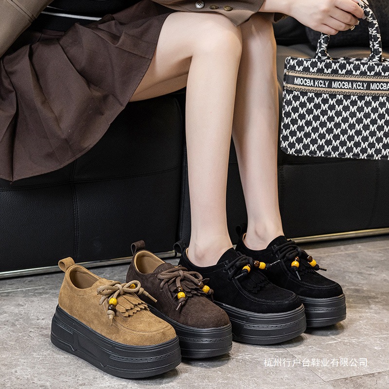 厚底流失苏系带博肯鞋女2025秋季新款小个子复古英伦增高乐福单鞋