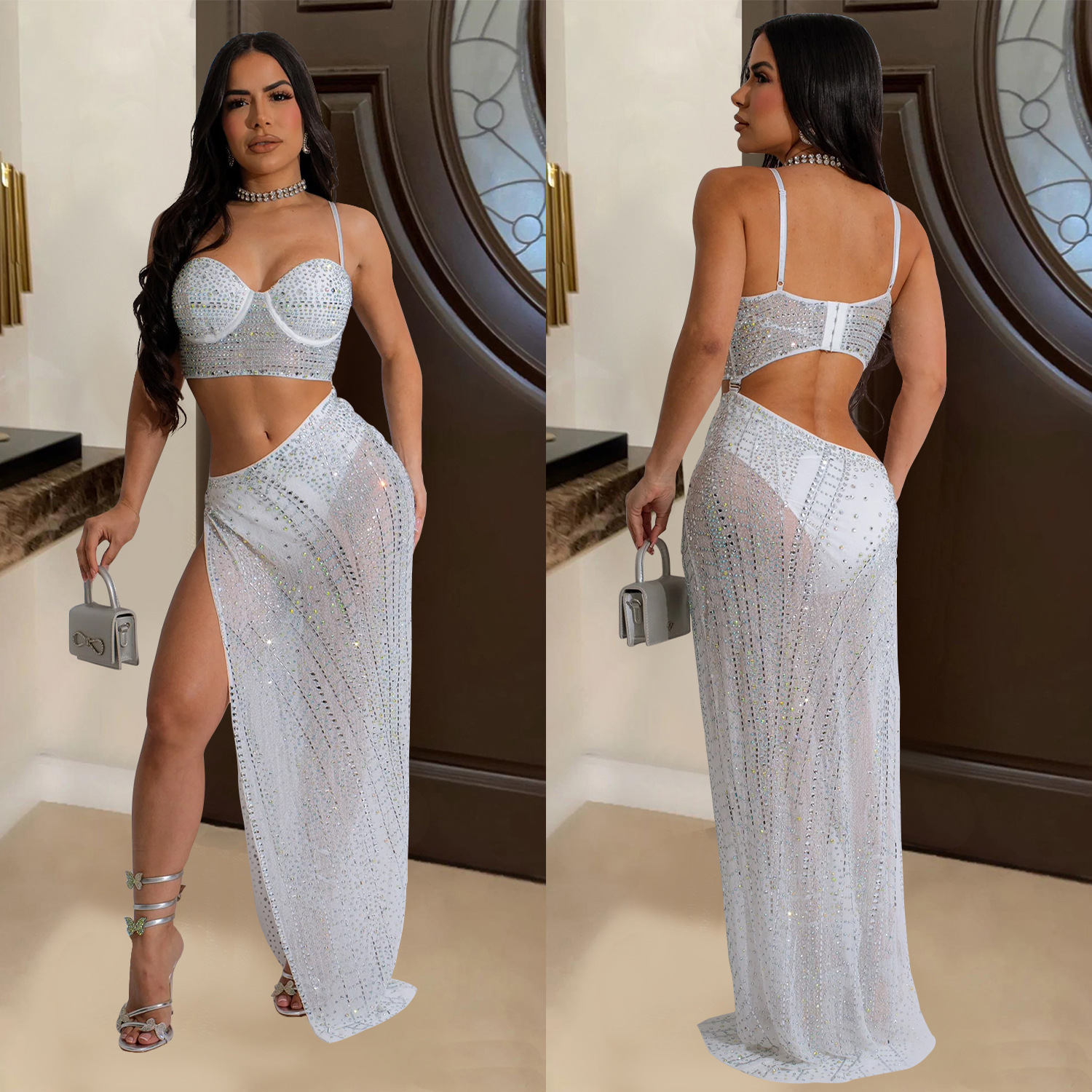 C6949 Cross-border AliExpress Estación independiente de Amazon Moda europea y americana Moda femenina Vestido transparente de diamantes calientes Largo image 5
