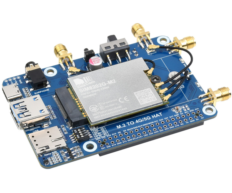 SIM8202G/8262E-M2树莓派扩展板四天线5G通信NSA国内全网通多频段