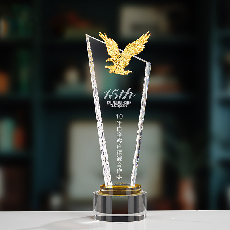 Trofeo de cristal de grabación reunión anual de competición de premios medallas de metal de madera sólida colorido trofeo de cristal impreso