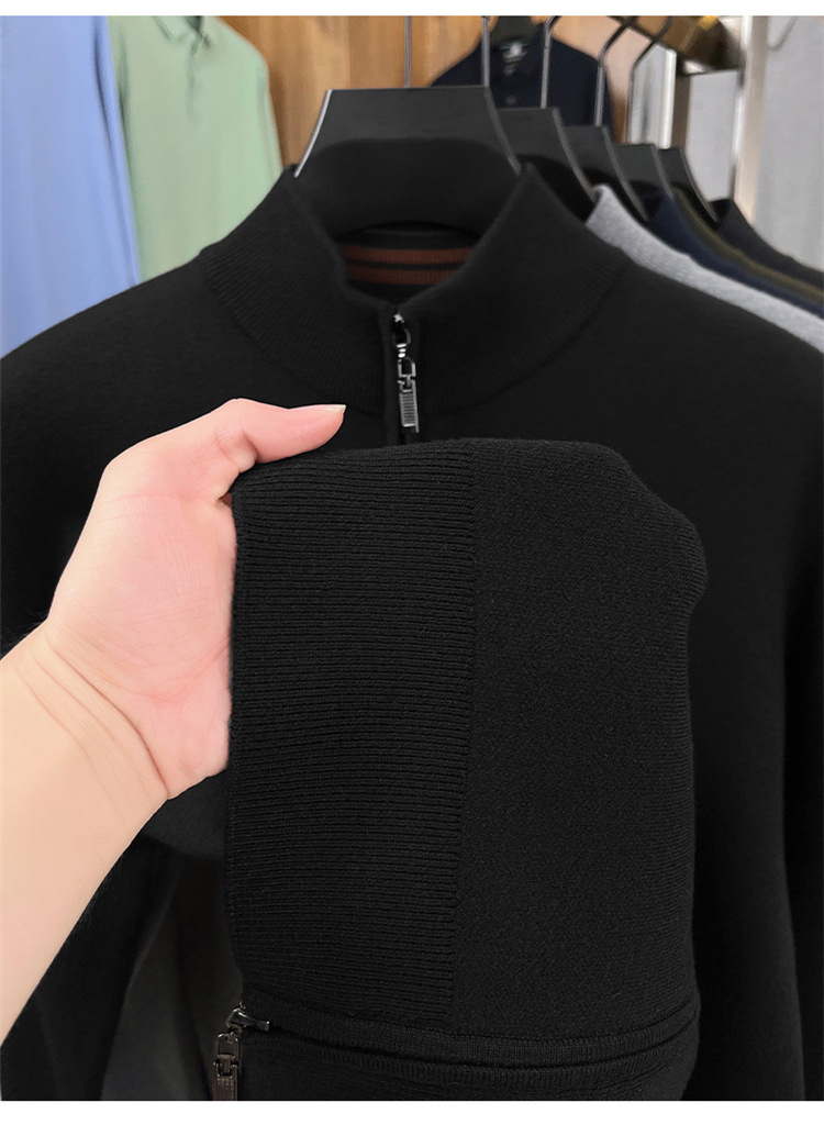 Áo len cardigan nam Haggis 100% len dày dặn có khóa kéo dệt kim cổ đứng — màu đen chi tiết 3