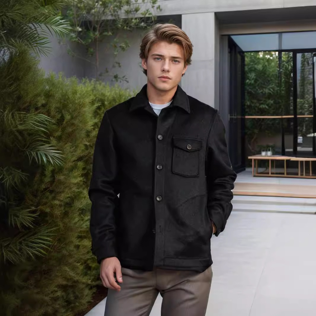 Fashion Retro men's男人气质前卫新潮秋冬多口袋单排扣毛呢外套
