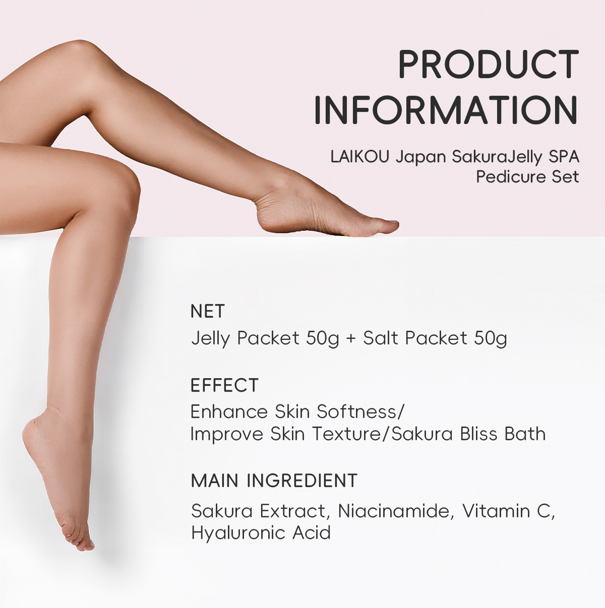 Laikou Cherry Blossom Foot Bath Salt 50g+50g hydrates, moisturizes, cleanses and leaves a lasting fragrance. Factory in stock, one-piece consignment Application Scenario