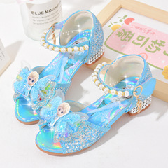 Children's summer sandals for girls, princess shoes with soft soles, baby high heels for girls, Elsa crystal shoes from Frozen