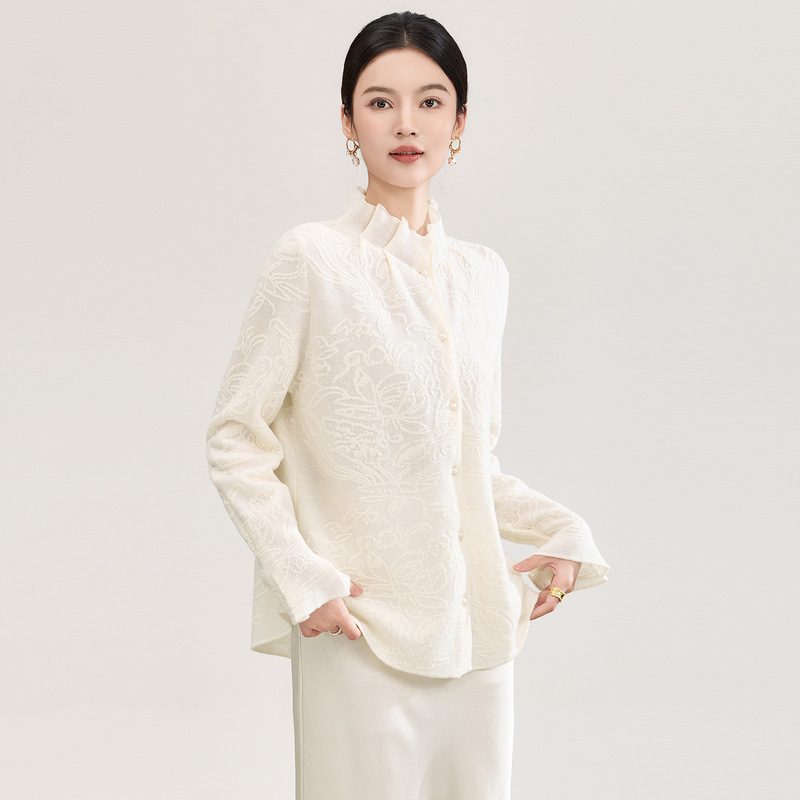 2601304-Three-Dimensional Interwoven Warm Wool Jacquard French-Style Ruffled Flared Sleeve Shirt Knit Top