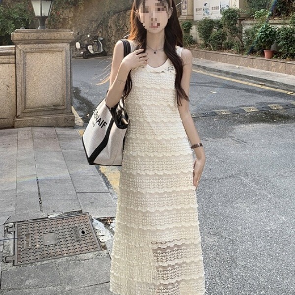 Lace Sleeveless Dress for Women, Summer French Dopamine-Style Spaghetti Strap Long Dress, First Love Apricot Color, Sweet Tea Style