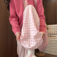Douyin 品質チェック柄パンツ女性のための 2025 夏ホットスタイルルーズスリムカジュアルパンツドーパミンピンクワイドレッグパンツ
