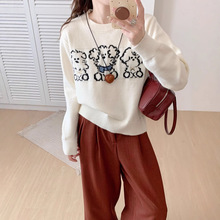 2024秋冬新款原创设计感针织衫韩版圆领打底卡通小狗套头毛衣提花