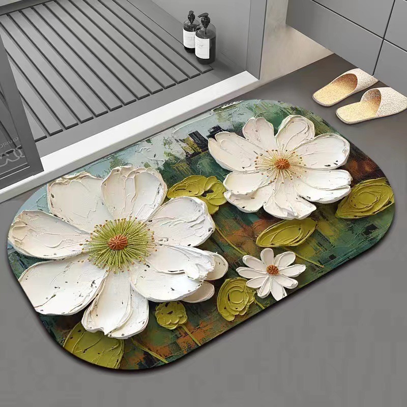 Alfombra absorbente para baño con diseño de flores pintadas al óleo, alfombra suave de barro de diatomeas, alfombra para entrada de baño, alfombra antideslizante para puerta de baño